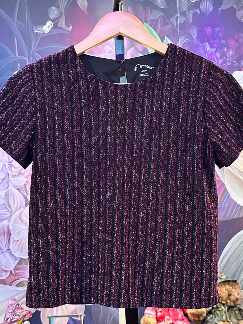 Art Class Girls' Short Sleeve Metallic Stripe Top Large 10/12 Purple Black